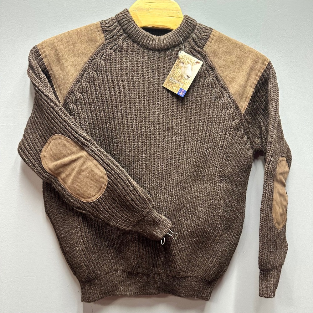 Niffi British Isles Walking Sweater Mens XL Brown Pure New Wool Suede Patches UK